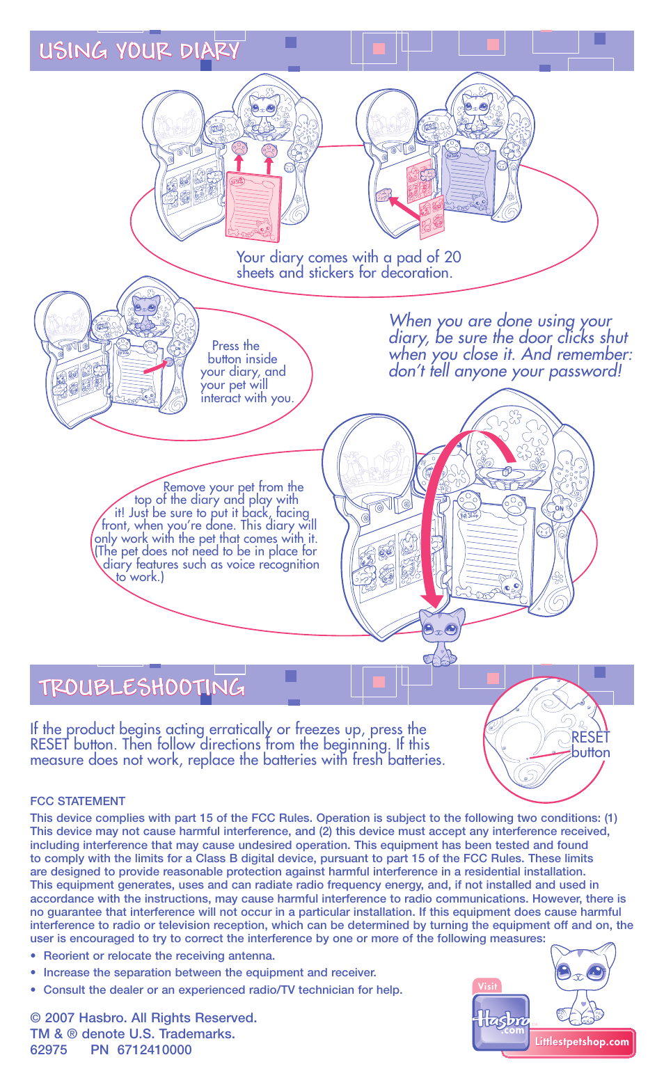 Troubleshooting, Using your diary | Hasbro 62975 User Manual | Page 4 / 4