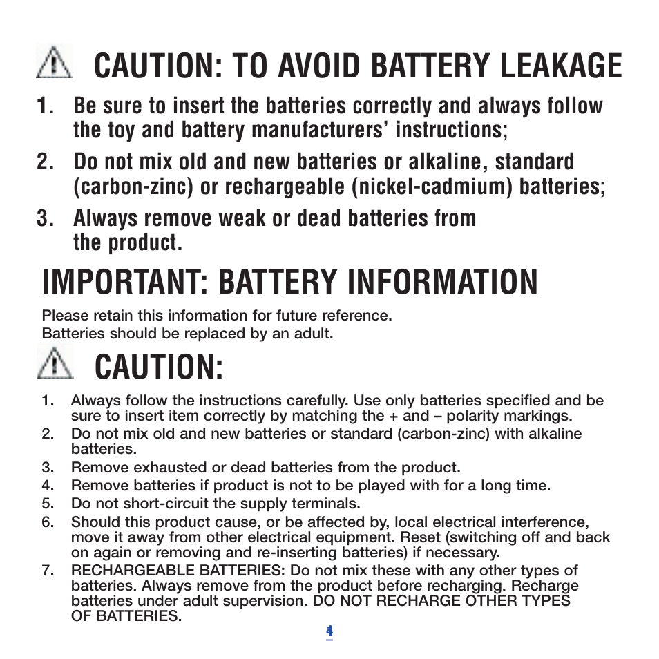 Caution: to avoid battery leakage, Important: battery information, Caution | Hasbro 75024 User Manual | Page 5 / 16
