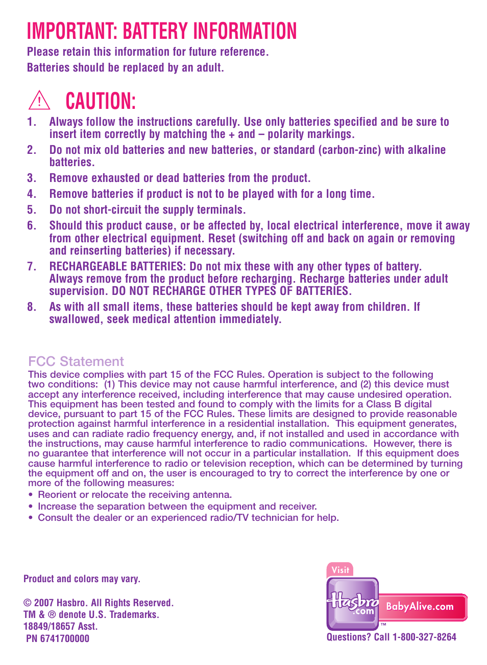 Caution, Important: battery information, Fcc statement | Hasbro Baby Alive Diaper Bag 18849/18657 User Manual | Page 2 / 2