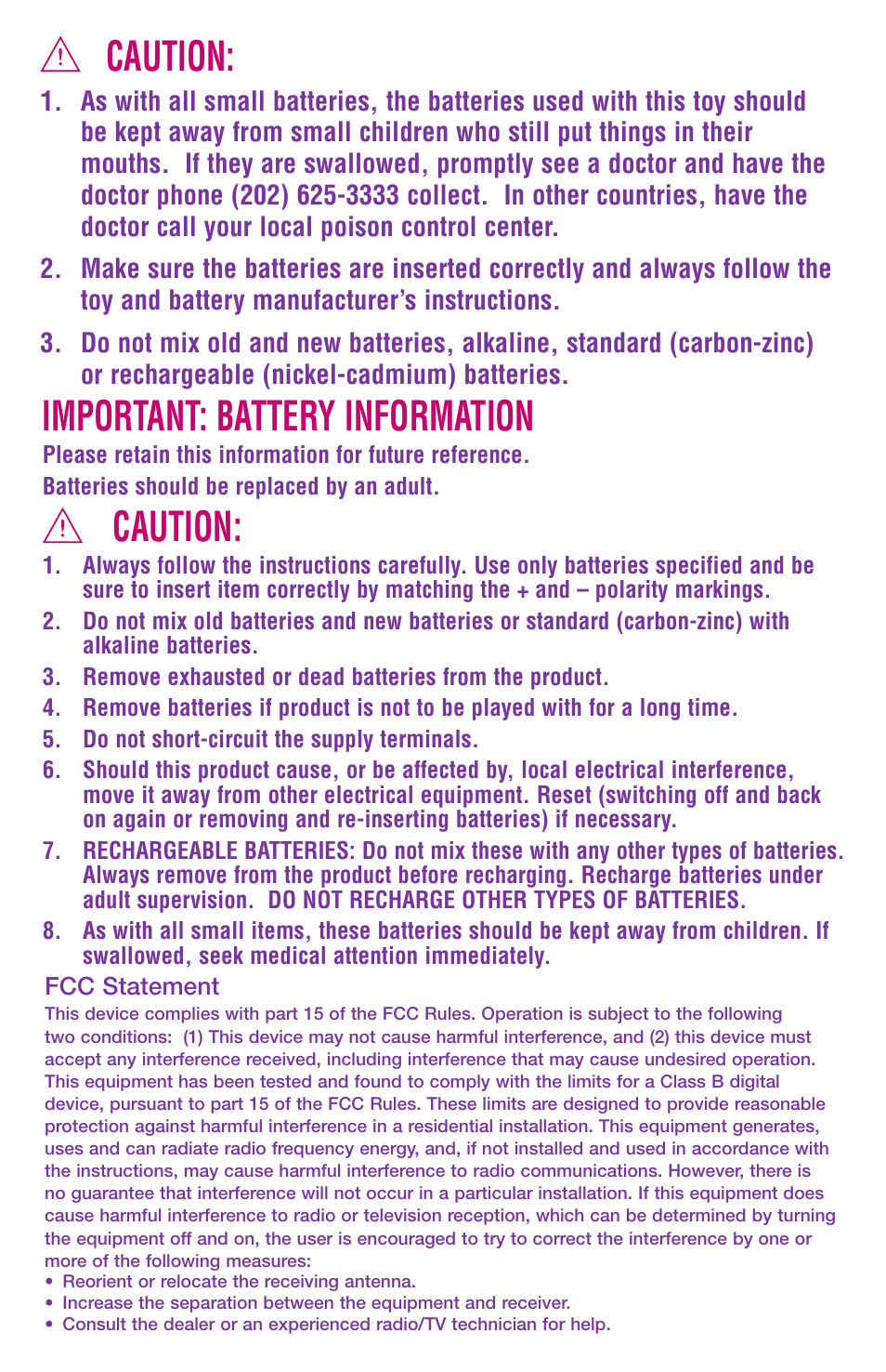 Caution, Important: battery information | Hasbro MY LITTLE PONY 62320 User Manual | Page 2 / 2