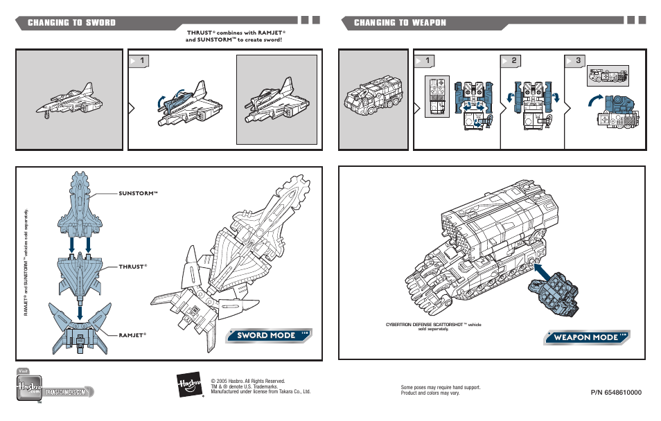 Weapon mode, Sword mode, Changing to weapon changing to sword | Thrust, Combines with ramjet, And sunstorm, Sunstorm, Ramjet | Hasbro Anti-blaze 81194 User Manual | Page 2 / 2