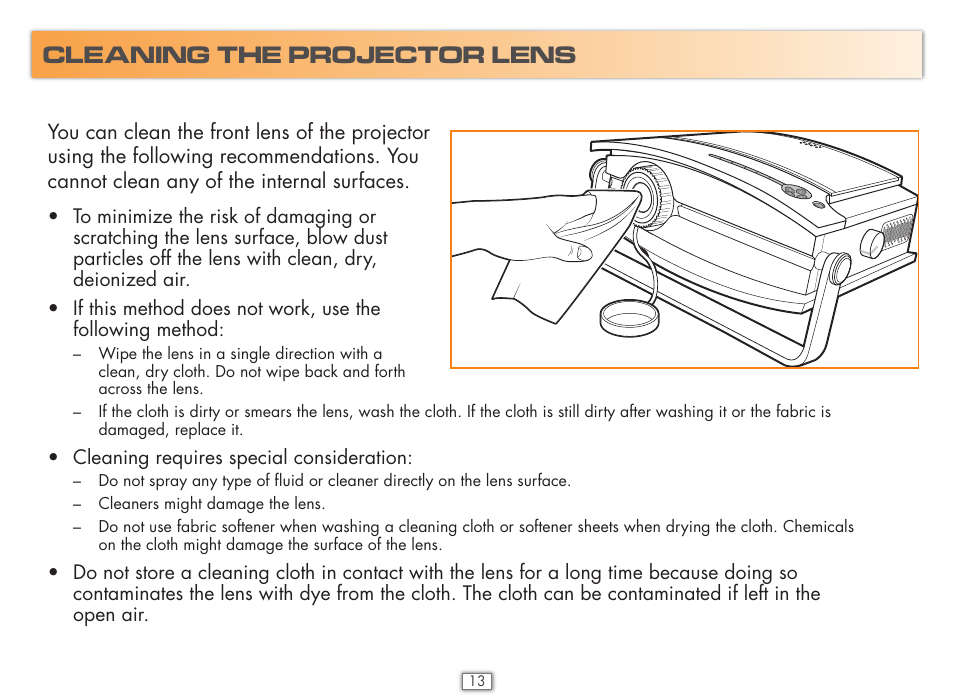 Cleaning the projector lens | Hasbro 75052 User Manual | Page 14 / 16