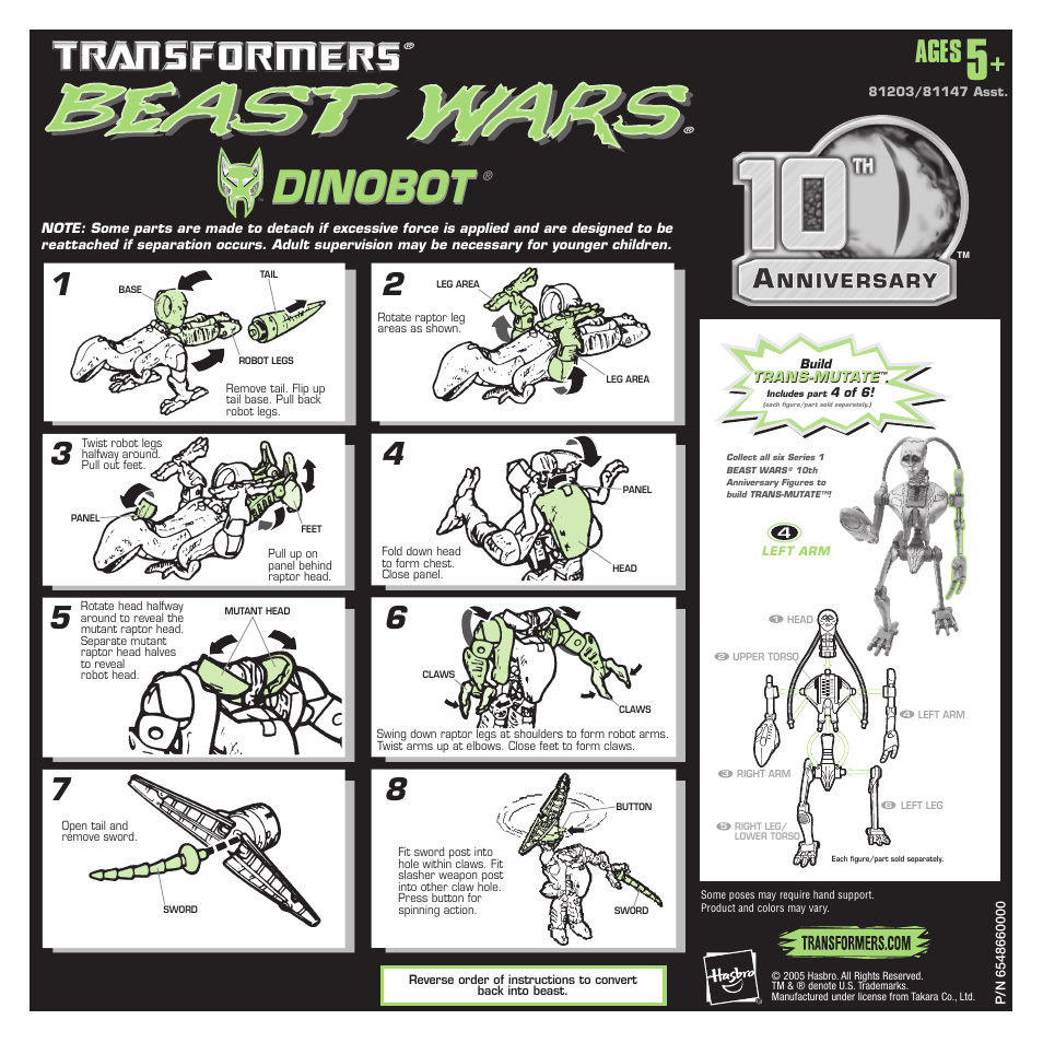 Hasbro Transformers Beast Wars Dinobot User Manual | 1 page