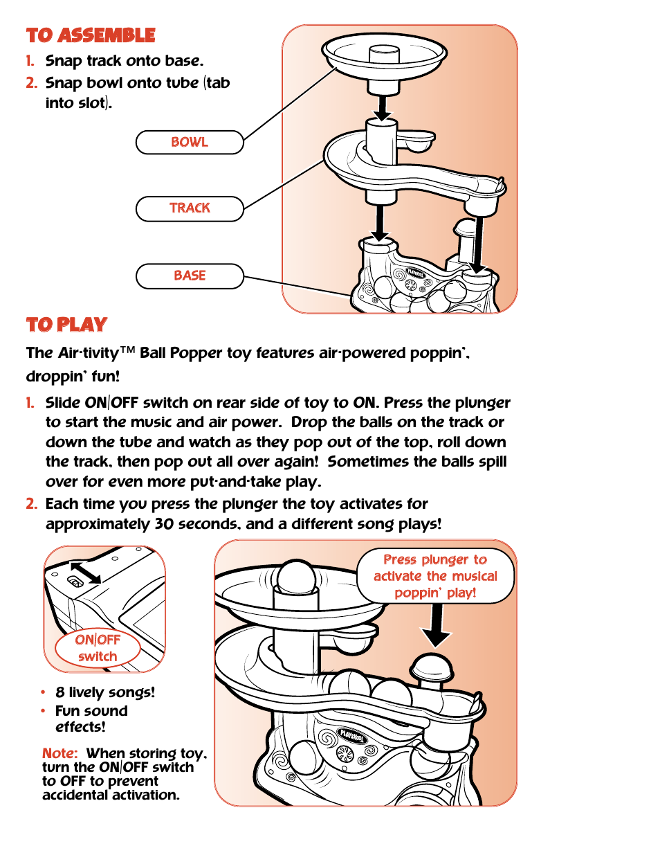 Tto o a as ss se em mb bl le e, Tto o p pl la ay y | Hasbro Air-tivity Ball Popper 6104 User Manual | Page 2 / 4