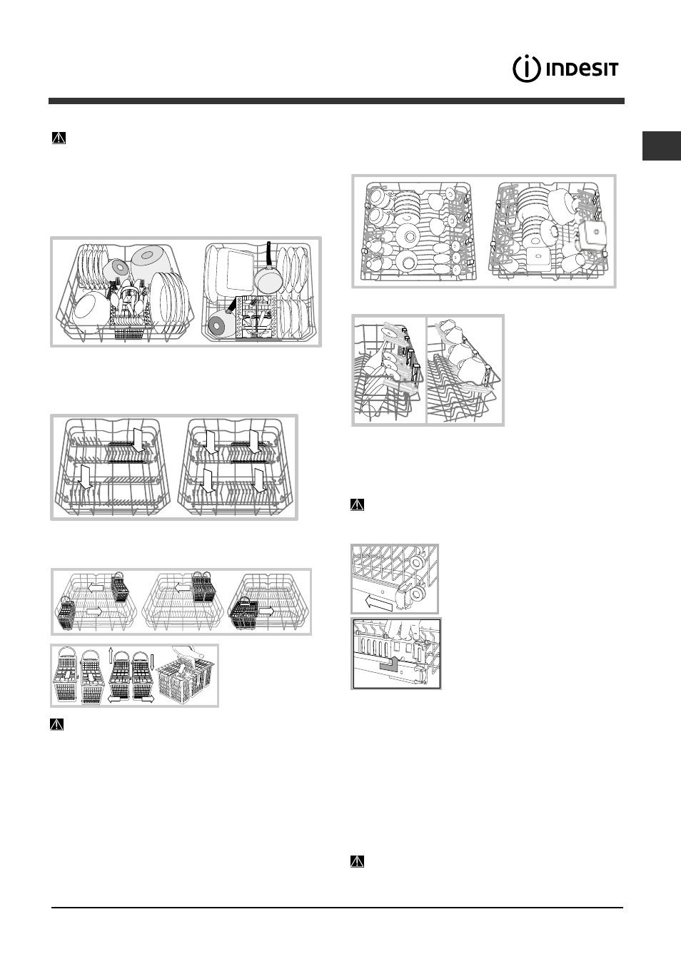 Loading the racks, Lower rack and cutlery basket, Upper rack | Indesit DFP 2727 User Manual | Page 19 / 52