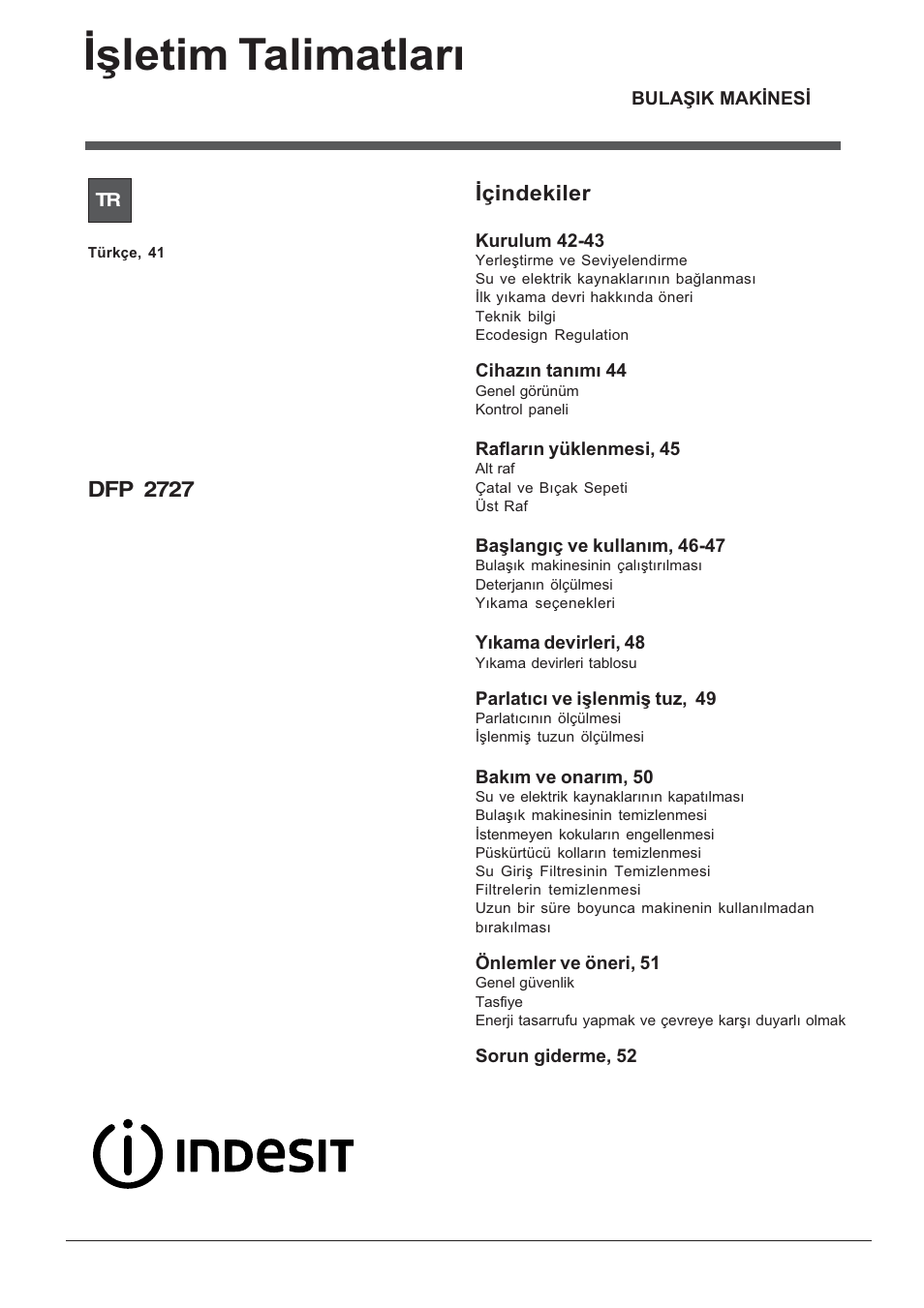 Ýþletim talimatlarý, Ýçindekiler, Dfp 2727 | Indesit DFP 2727 User Manual | Page 41 / 52