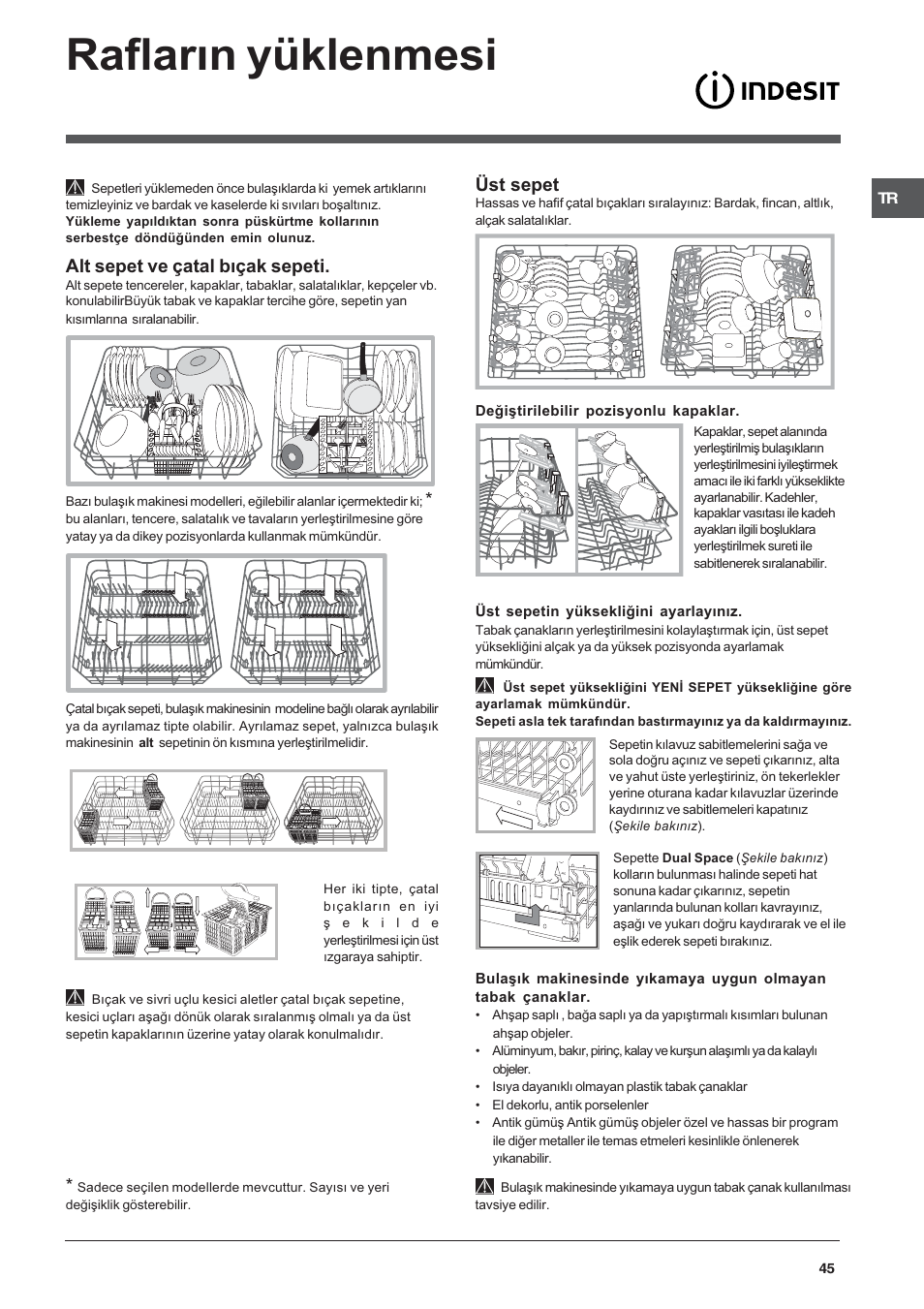 Raflarýn yüklenmesi, Alt sepet ve çatal býçak sepeti, Üst sepet | Indesit DFP 2727 User Manual | Page 45 / 52