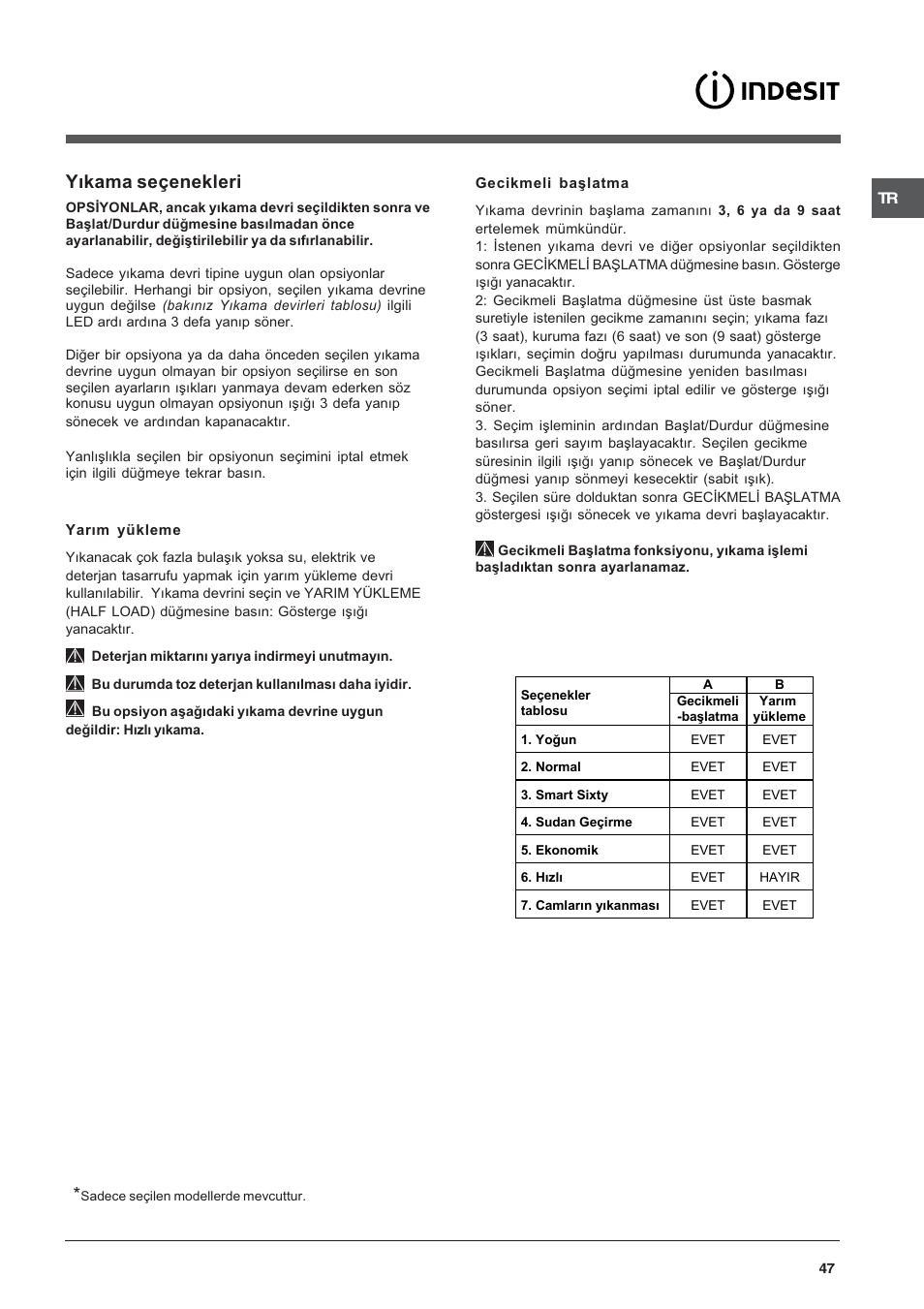 Yýkama seçenekleri | Indesit DFP 2727 User Manual | Page 47 / 52