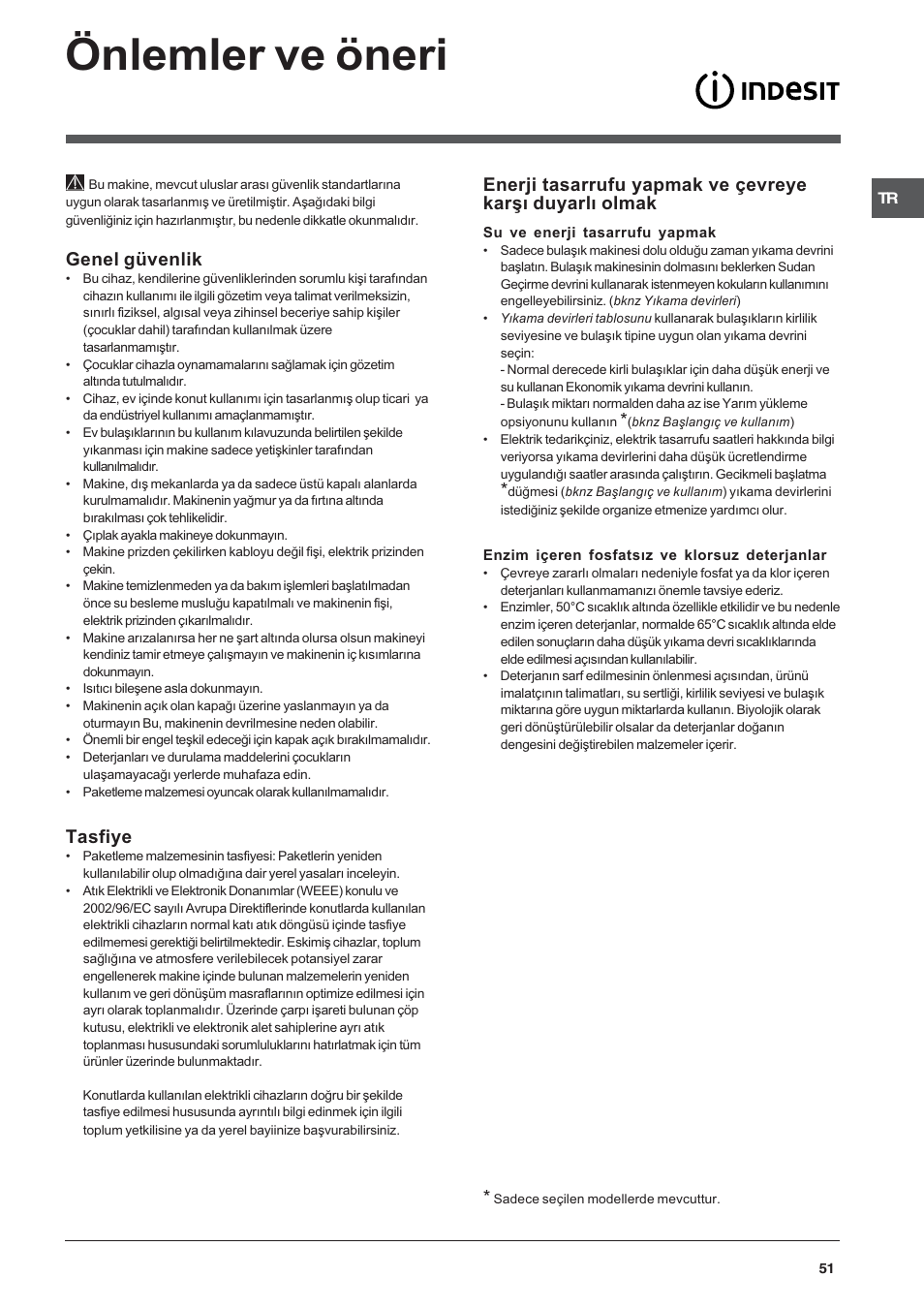 Önlemler ve öneri, Genel güvenlik, Tasfiye | Indesit DFP 2727 User Manual | Page 51 / 52