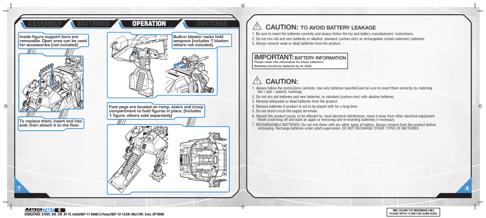 Assembly, Caution, Important | Switches operation, Batteries | Hasbro AGES 4+ User Manual | Page 5 / 6
