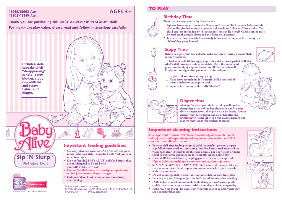 Hasbro Baby Alive Sip `N Slurp 18663 Asst. User Manual | 1 page