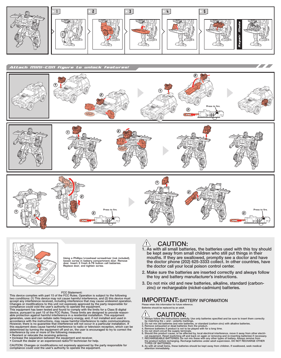 Important, Caution, Battery information | Hasbro Transformers 83749 User Manual | Page 2 / 2