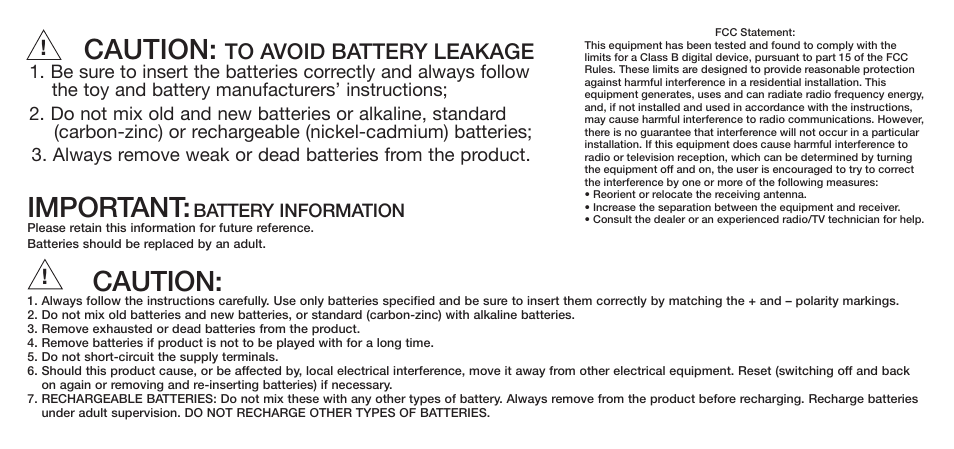 Caution, Important, Battery information | Hasbro 85187 User Manual | Page 2 / 2