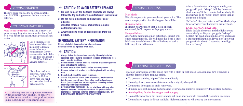 Caution: to avoid battery leakage, Important: battery information, Caution | Getting started, Cleaning instructions, Playing options | Hasbro Biscuit My Lovin Pup 77698 User Manual | Page 2 / 4