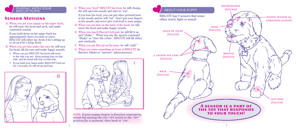 Sensor motions, About your puppy, Playing with your biscuit puppy | Hasbro Biscuit My Lovin Pup 77698 User Manual | Page 3 / 4