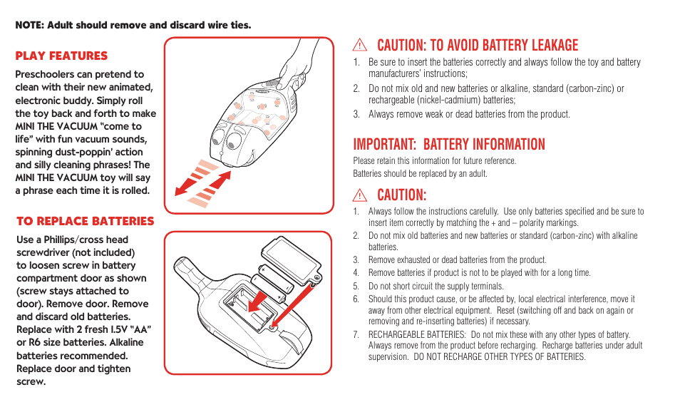 Caution: to avoid battery leakage, Important: battery information, Caution | Hasbro 08133/08132 User Manual | Page 2 / 2