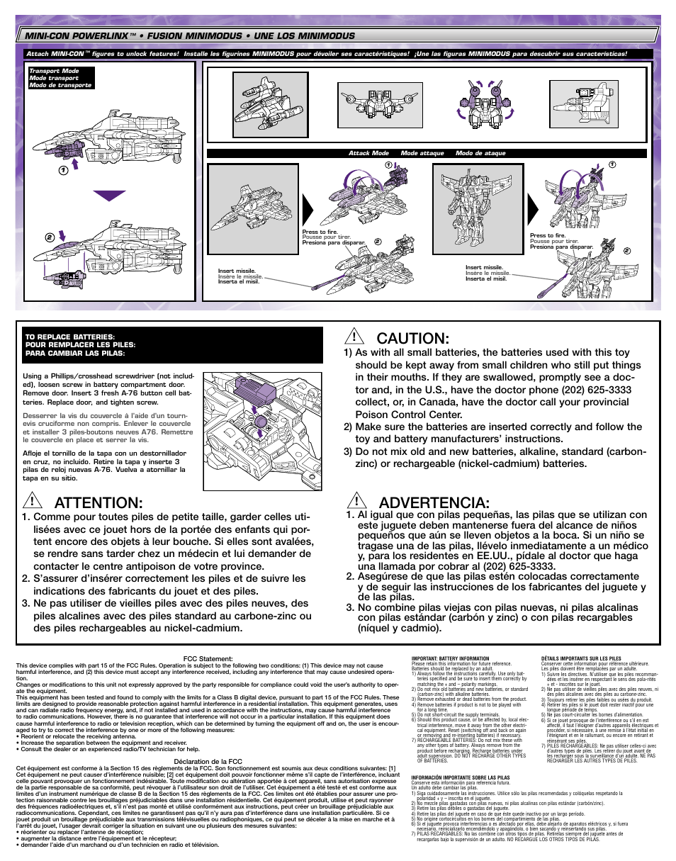 Caution, Attention, Advertencia | Hasbro Transformers Armada 80775 User Manual | Page 2 / 2