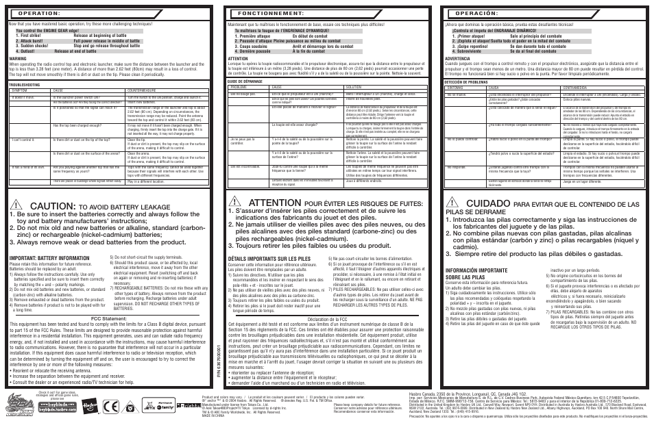 Caution, Attention, Cuidado | Important: battery information, Détails importants sur les piles, Información importante sobre las pilas | Hasbro BeyBlade Grevolution 82731 User Manual | Page 2 / 2