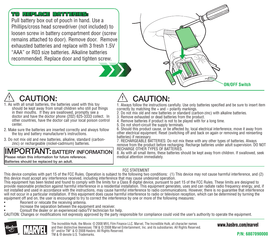 Important, Caution | Hasbro 78441 User Manual | Page 2 / 2