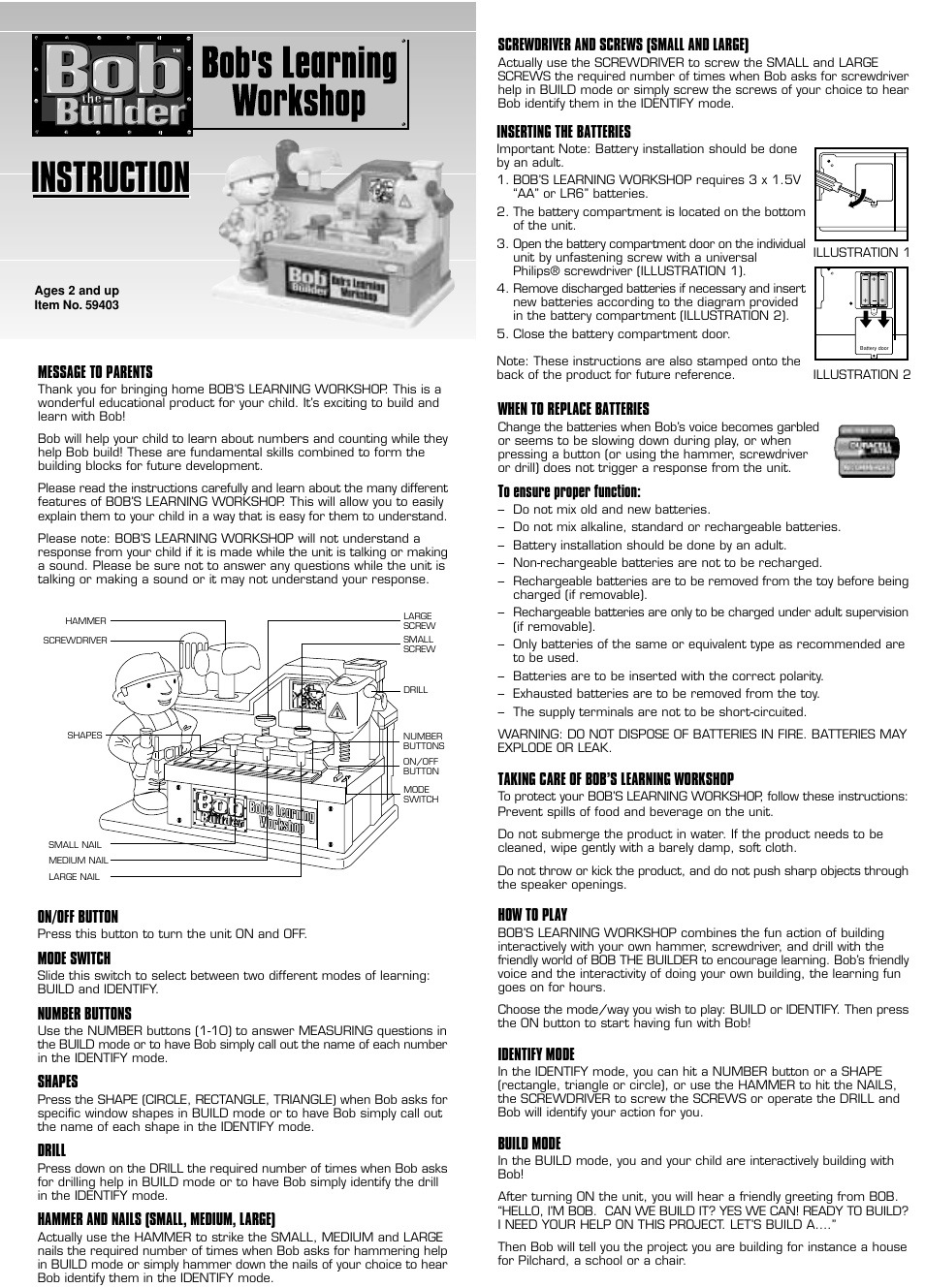 Hasbro Bob's Learning Workshop User Manual | 2 pages