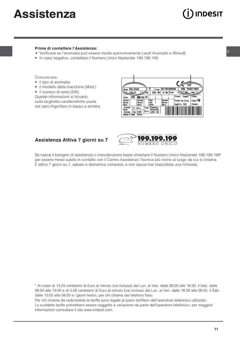 Assistenza | Indesit IN CH 310 AA VE I User Manual | Page 11 / 60