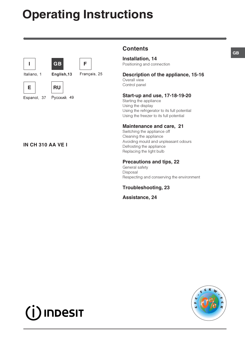 Operating instructions, Refrigerator/freezer combination contents | Indesit IN CH 310 AA VE I User Manual | Page 13 / 60