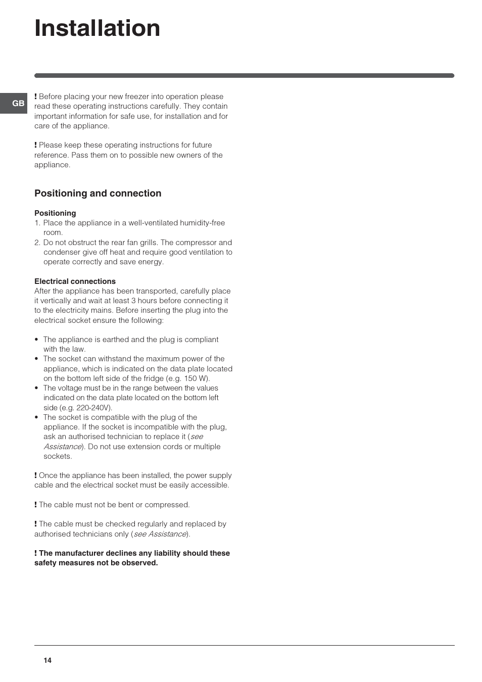 Installation | Indesit IN CH 310 AA VE I User Manual | Page 14 / 60