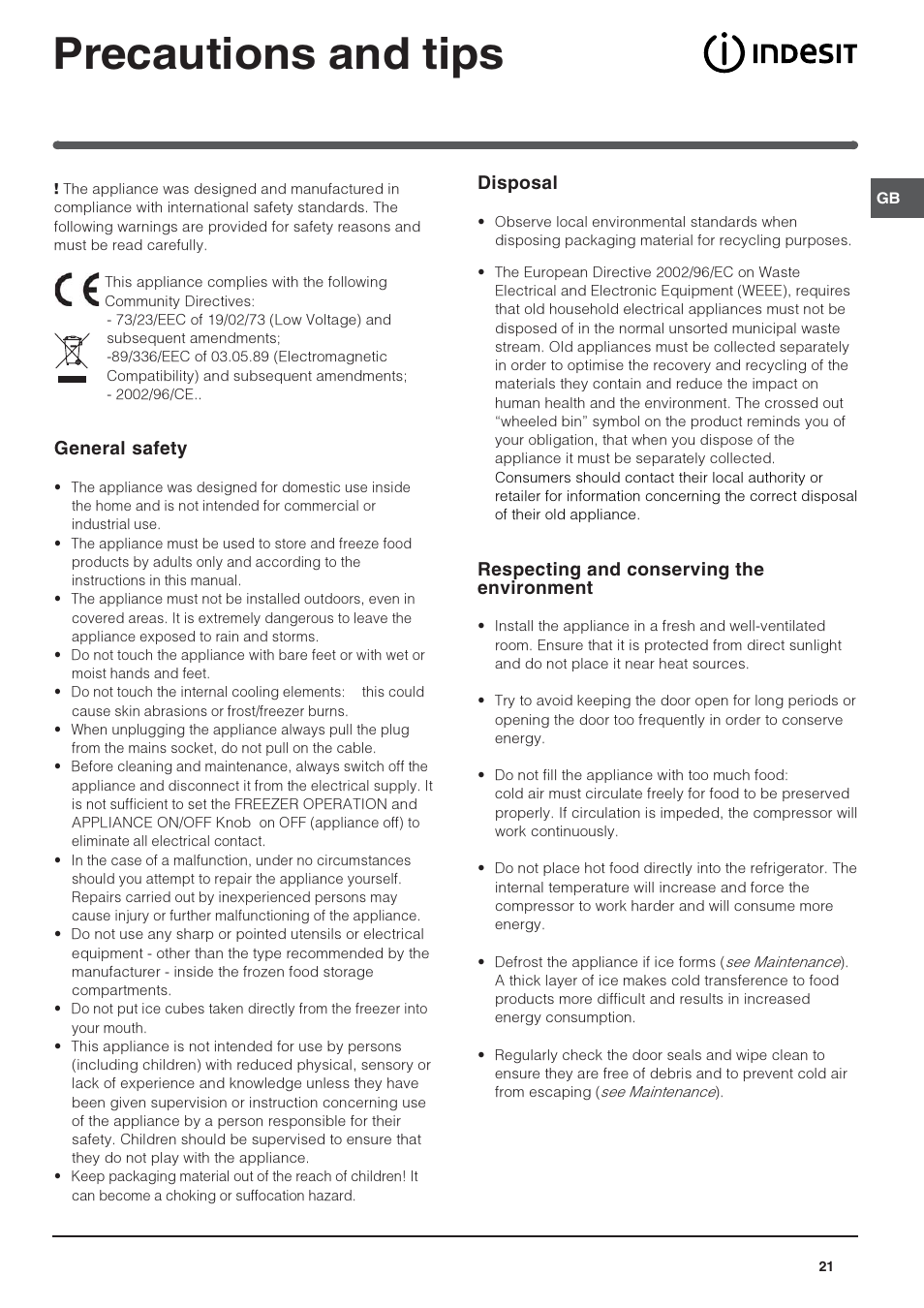 Precautions and tips, Disposal, Respecting and conserving the environment | General safety | Indesit IN CH 310 AA VE I User Manual | Page 21 / 60