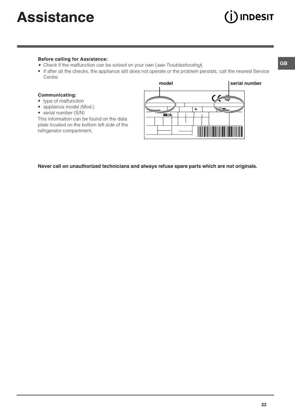 Assistance, Model serial number | Indesit IN CH 310 AA VE I User Manual | Page 23 / 60