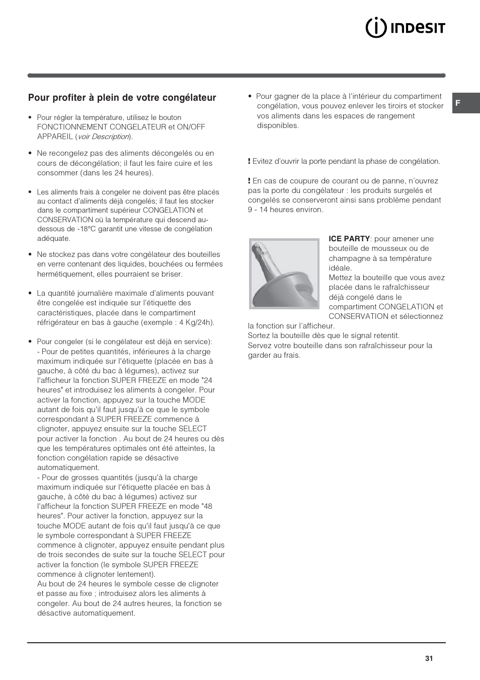 Pour profiter à plein de votre congélateur | Indesit IN CH 310 AA VE I User Manual | Page 31 / 60