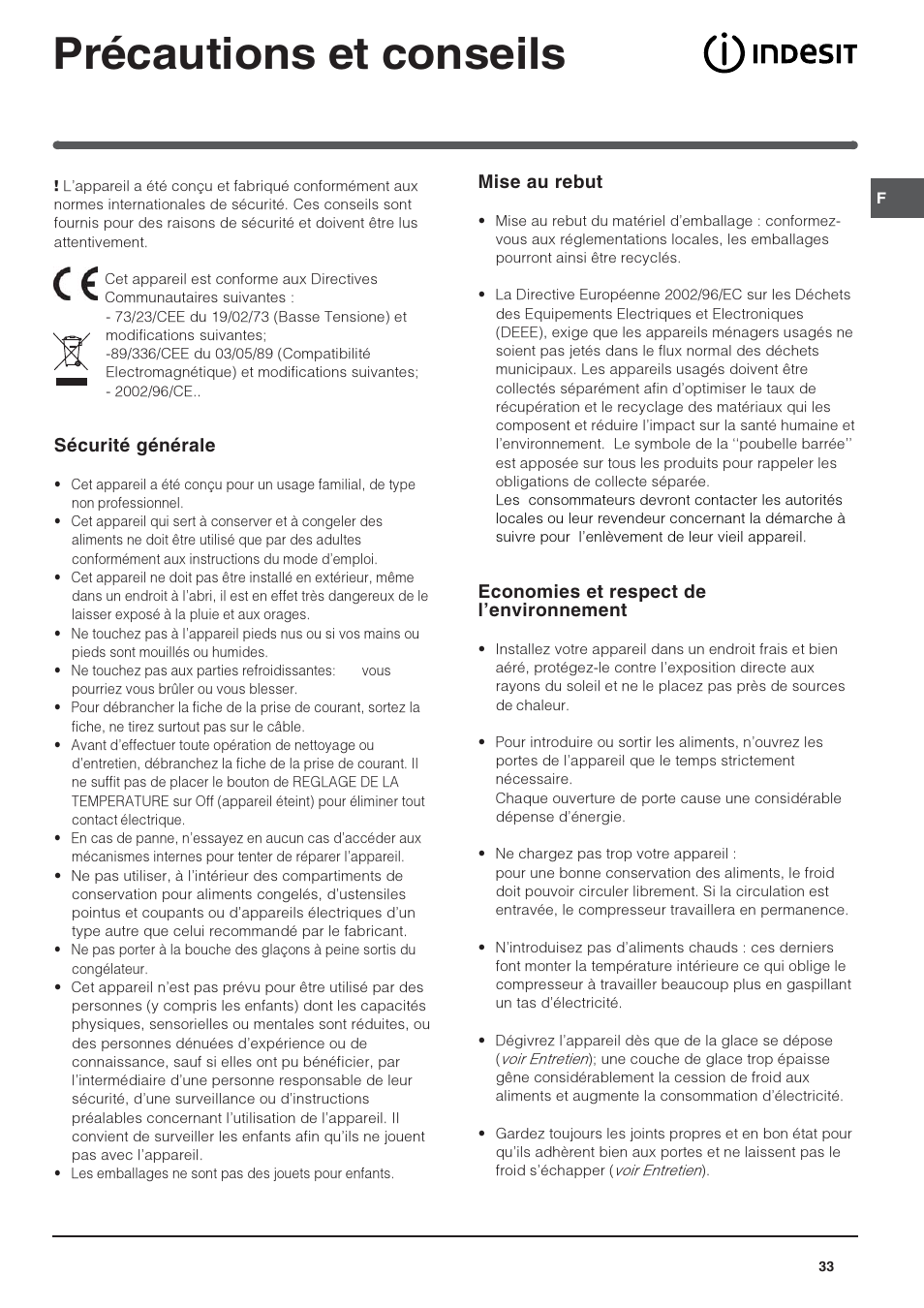 Précautions et conseils, Mise au rebut, Economies et respect de lenvironnement | Sécurité générale | Indesit IN CH 310 AA VE I User Manual | Page 33 / 60