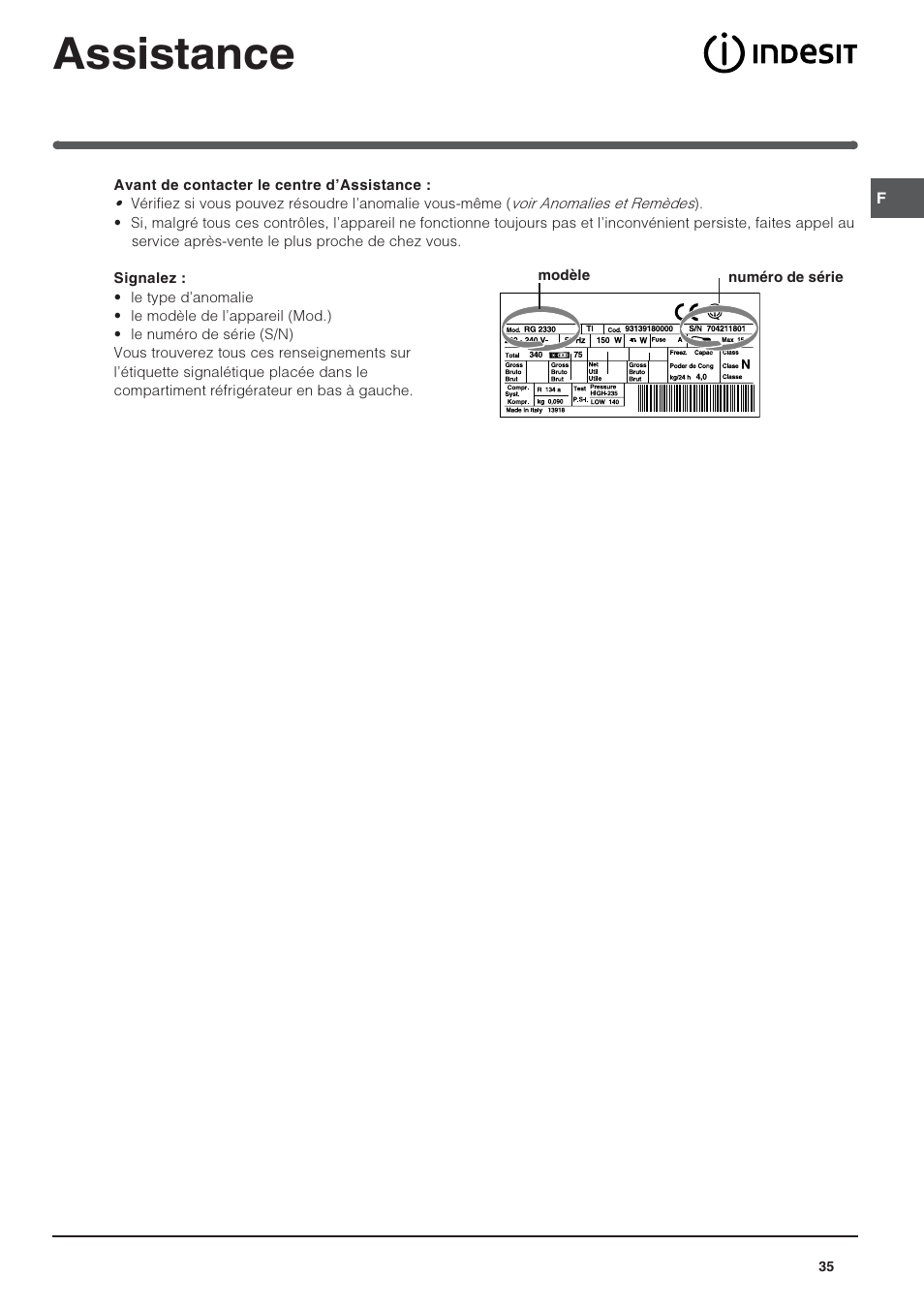 Assistance | Indesit IN CH 310 AA VE I User Manual | Page 35 / 60