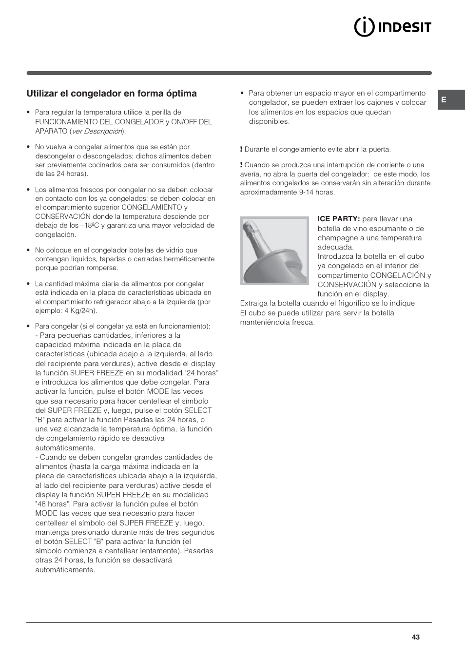 Utilizar el congelador en forma óptima | Indesit IN CH 310 AA VE I User Manual | Page 43 / 60