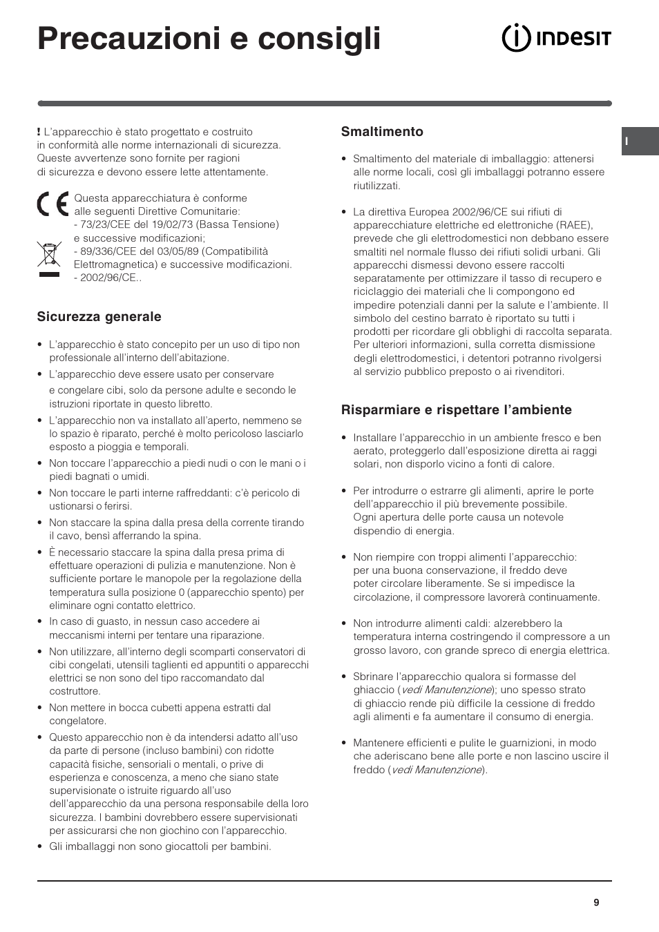 Precauzioni e consigli, Sicurezza generale, Smaltimento | Risparmiare e rispettare lambiente | Indesit IN CH 310 AA VE I User Manual | Page 9 / 60