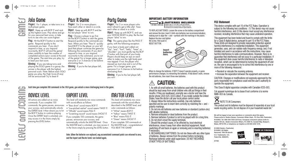 Game s lev els and s coring, Solo game, Novice level | Expert level, Master level, Pass it game, Party game, Caution | Hasbro BOP IT 7789 User Manual | Page 2 / 2