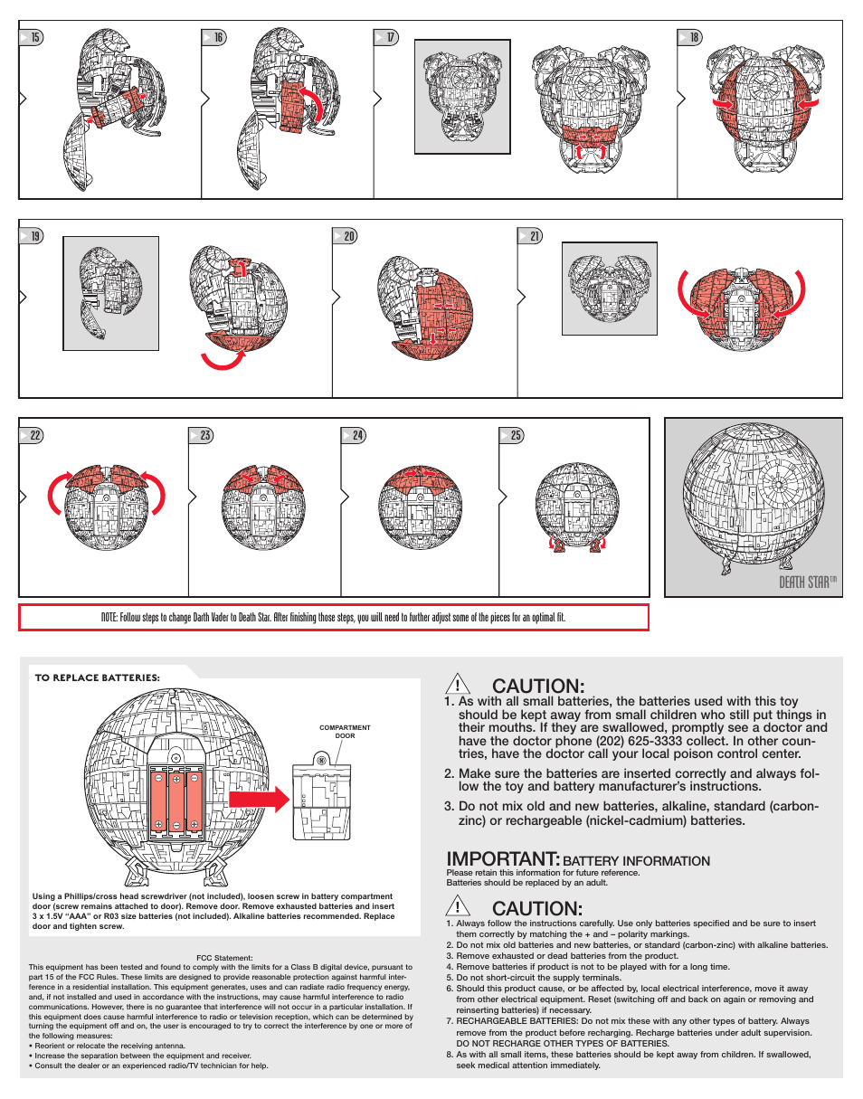 Important, Caution, Death star | Hasbro Transformers Star Wars Darth Vader Death Star 87524 User Manual | Page 2 / 4