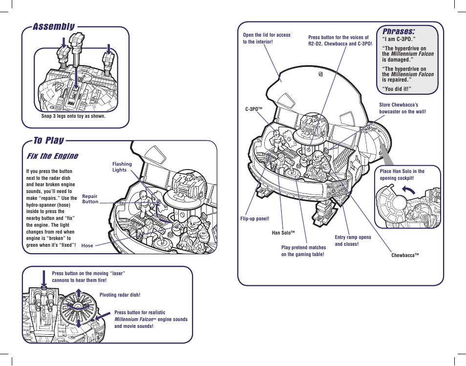 Assembly, Fix the engine, Phrases | Hasbro Star Wars Galactic Heroes Millennium Falcon 87776 User Manual | Page 2 / 2