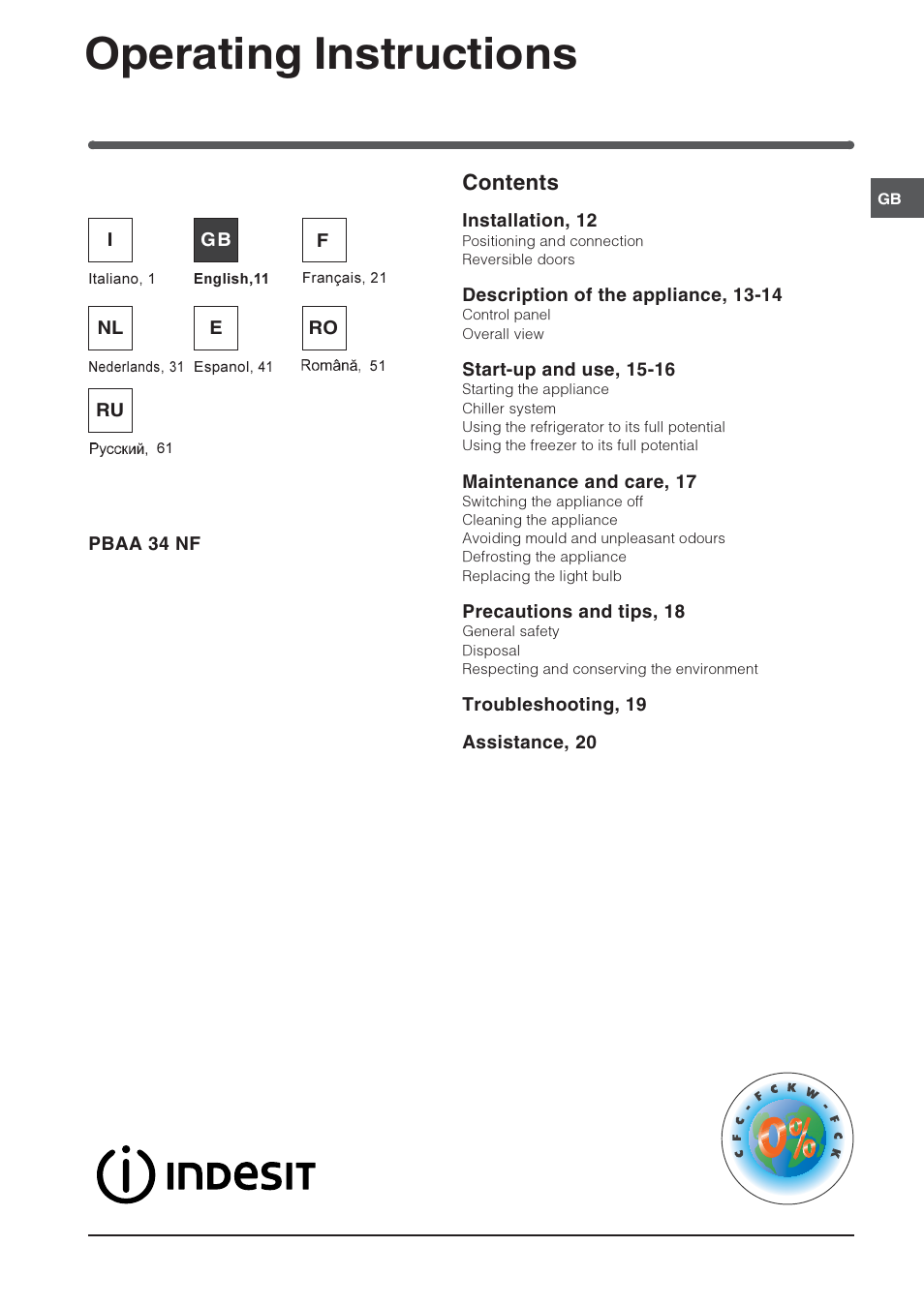 Operating instructions, Refrigerator/freezer combination contents | Indesit PBAA 34 NF User Manual | Page 11 / 72