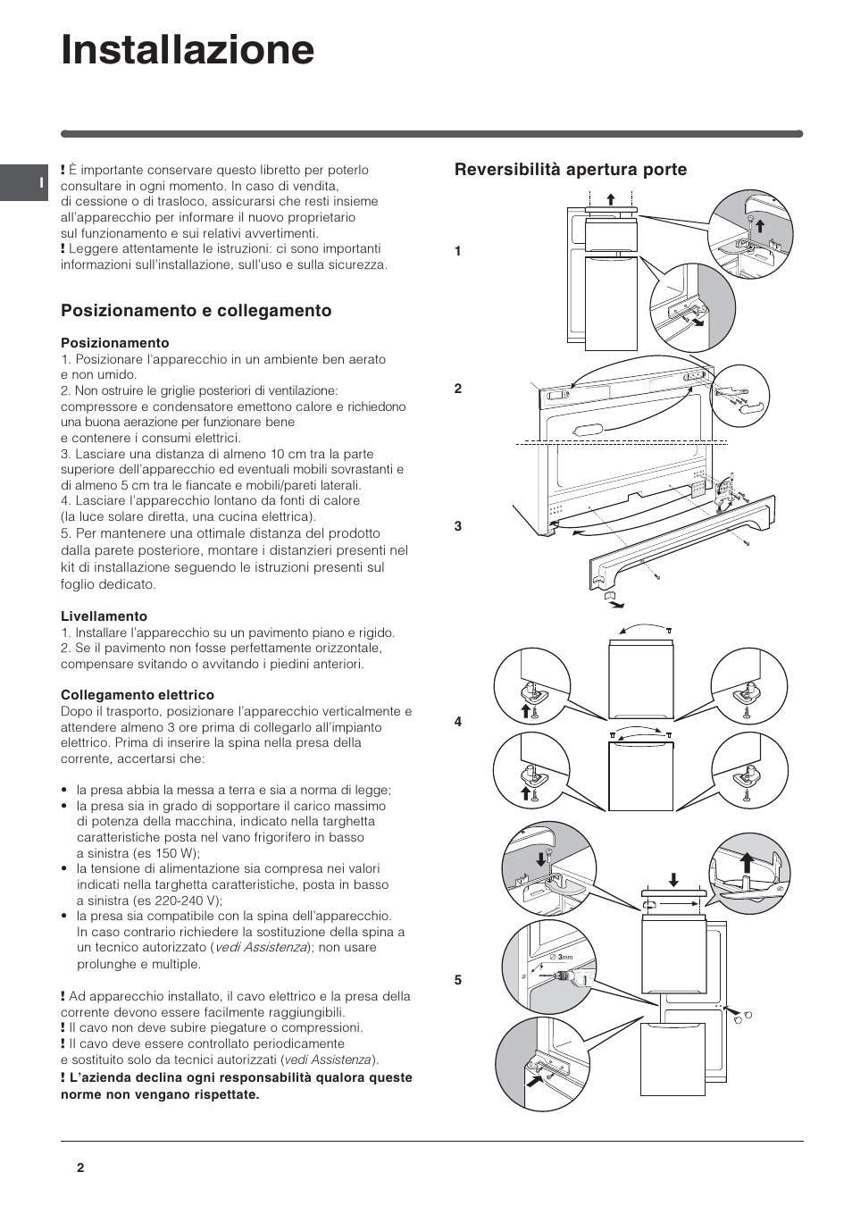 Installazione, Reversibilità apertura porte, Posizionamento e collegamento | Indesit PBAA 34 NF User Manual | Page 2 / 72