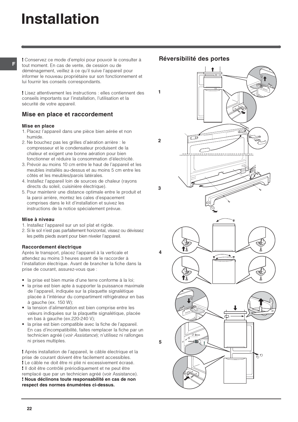 Installation, Réversibilité des portes, Mise en place et raccordement | Indesit PBAA 34 NF User Manual | Page 22 / 72