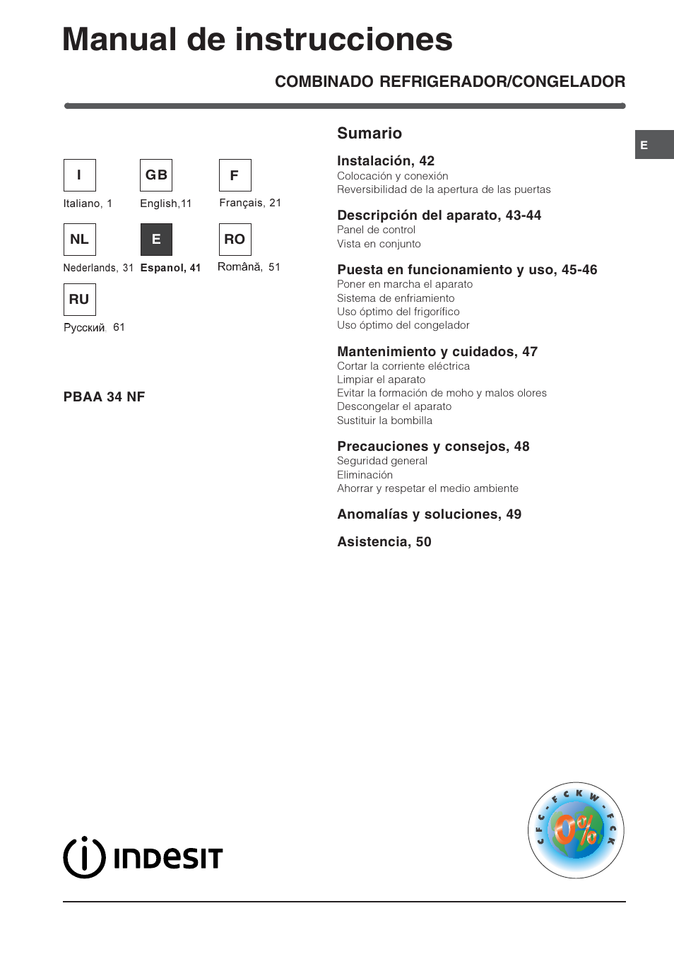 Manual de instrucciones, Combinado refrigerador/congelador sumario | Indesit PBAA 34 NF User Manual | Page 41 / 72