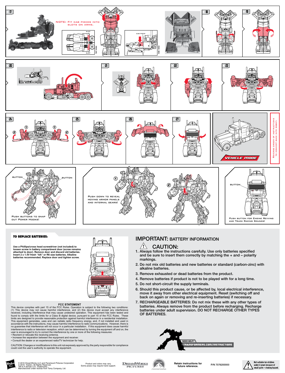 Important, Caution, Battery information | Hasbro Transformers Optimus Prime 27653 User Manual | Page 2 / 2