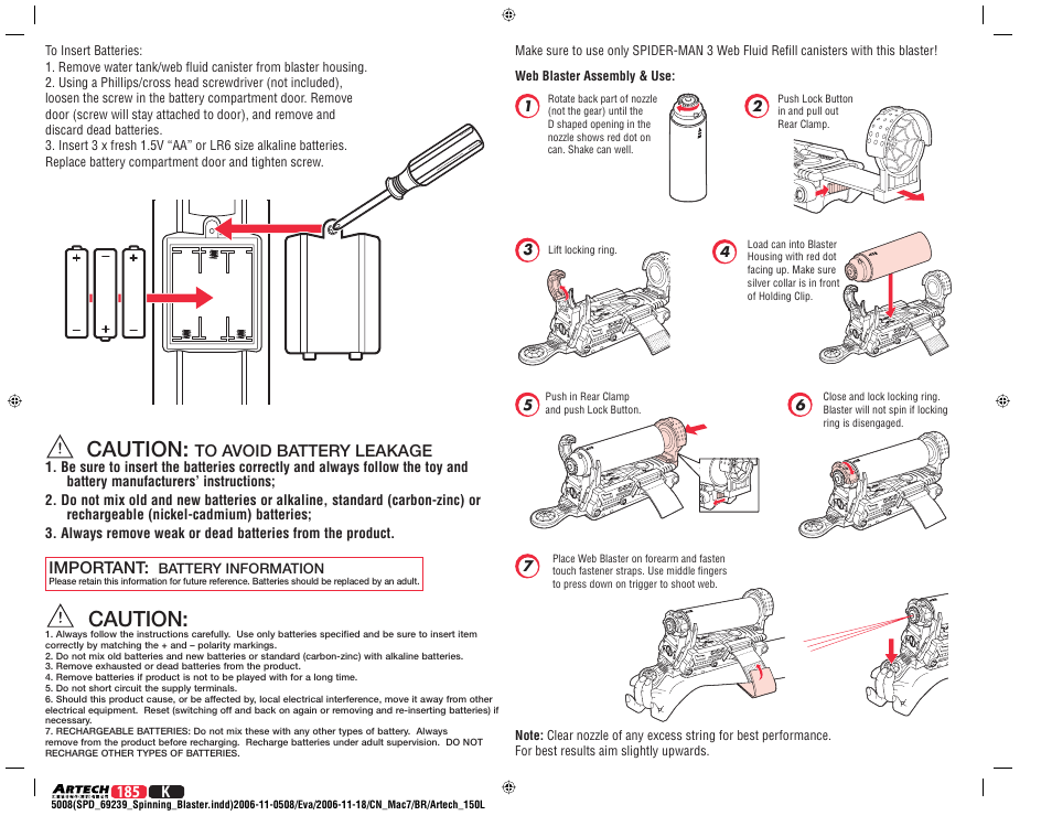 Caution | Hasbro Spider-man 3 Electronic Web Spinning Blaster 69239 User Manual | Page 2 / 2