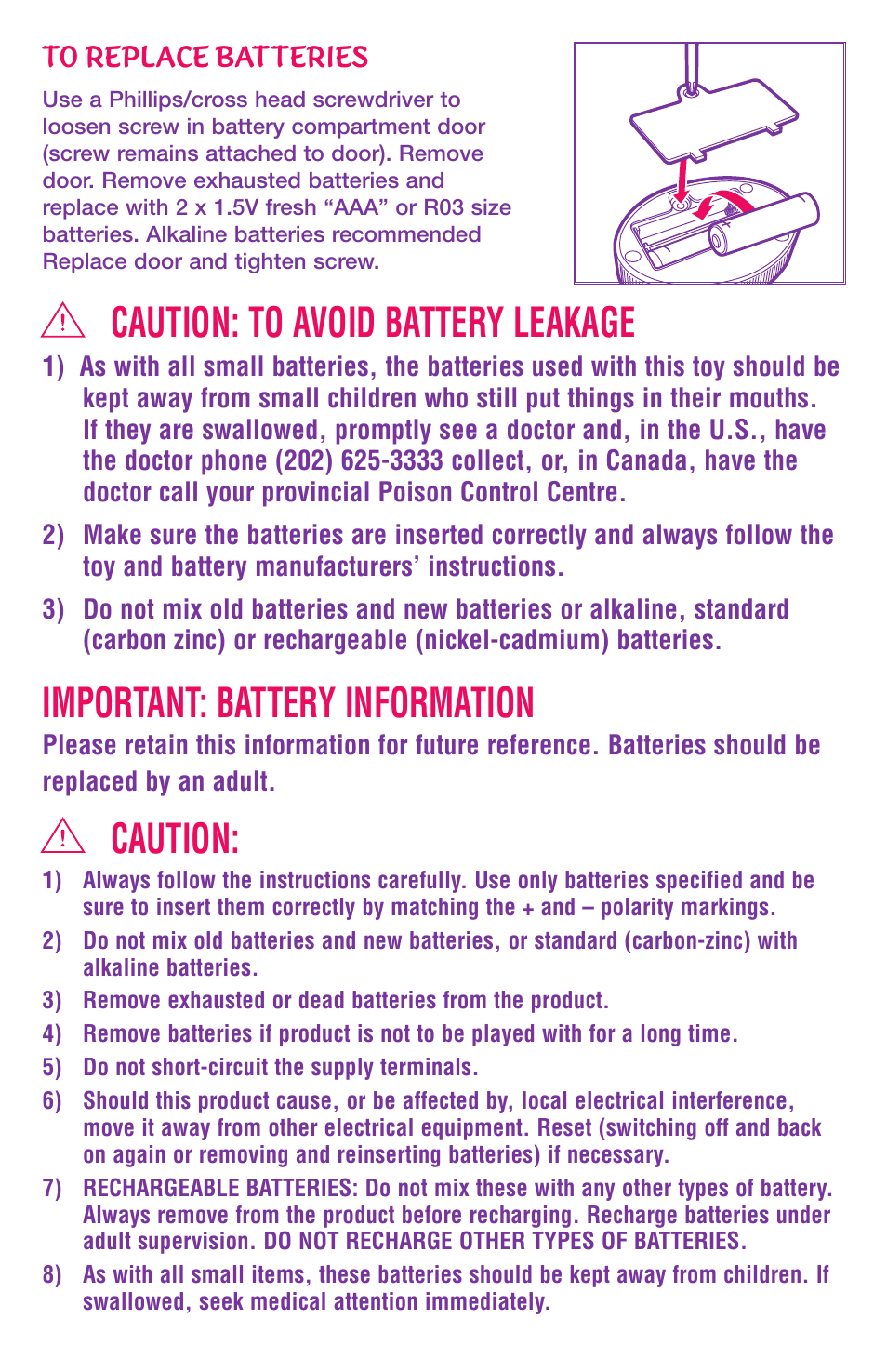Caution: to avoid battery leakage, Important: battery information, Caution | Hasbro 60196/60337 User Manual | Page 3 / 4
