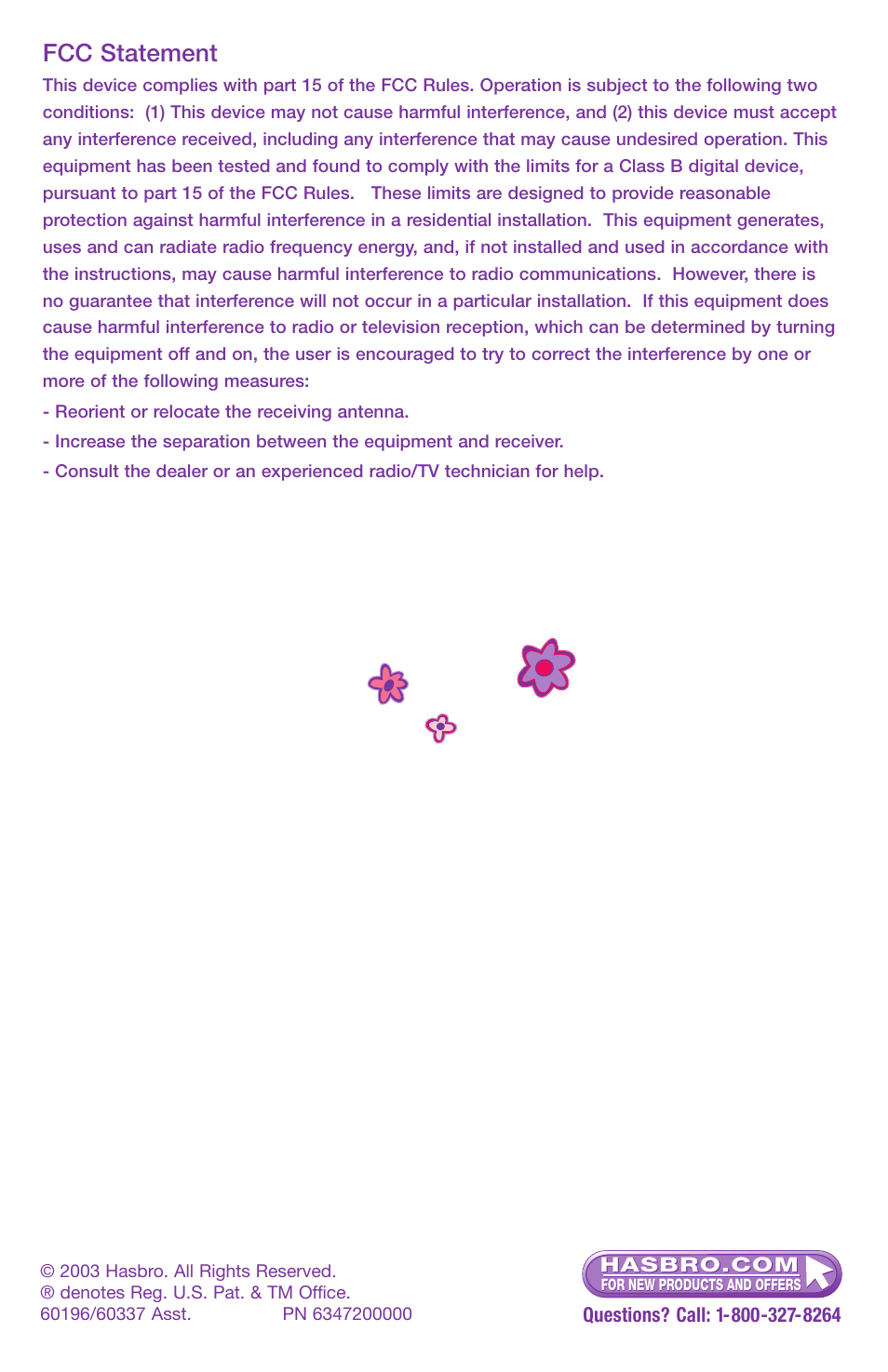 Fcc statement | Hasbro 60196/60337 User Manual | Page 4 / 4