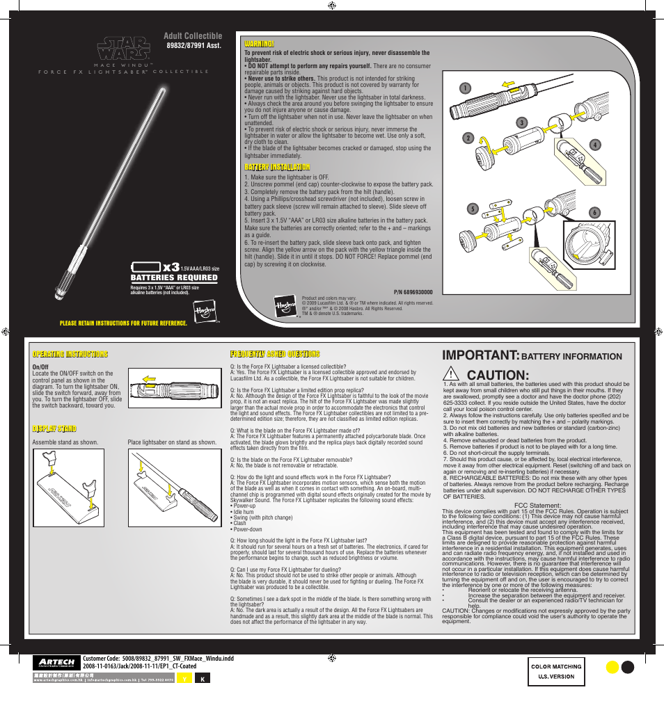 Hasbro Force FX Lightsaber 6896930000 User Manual | 1 page