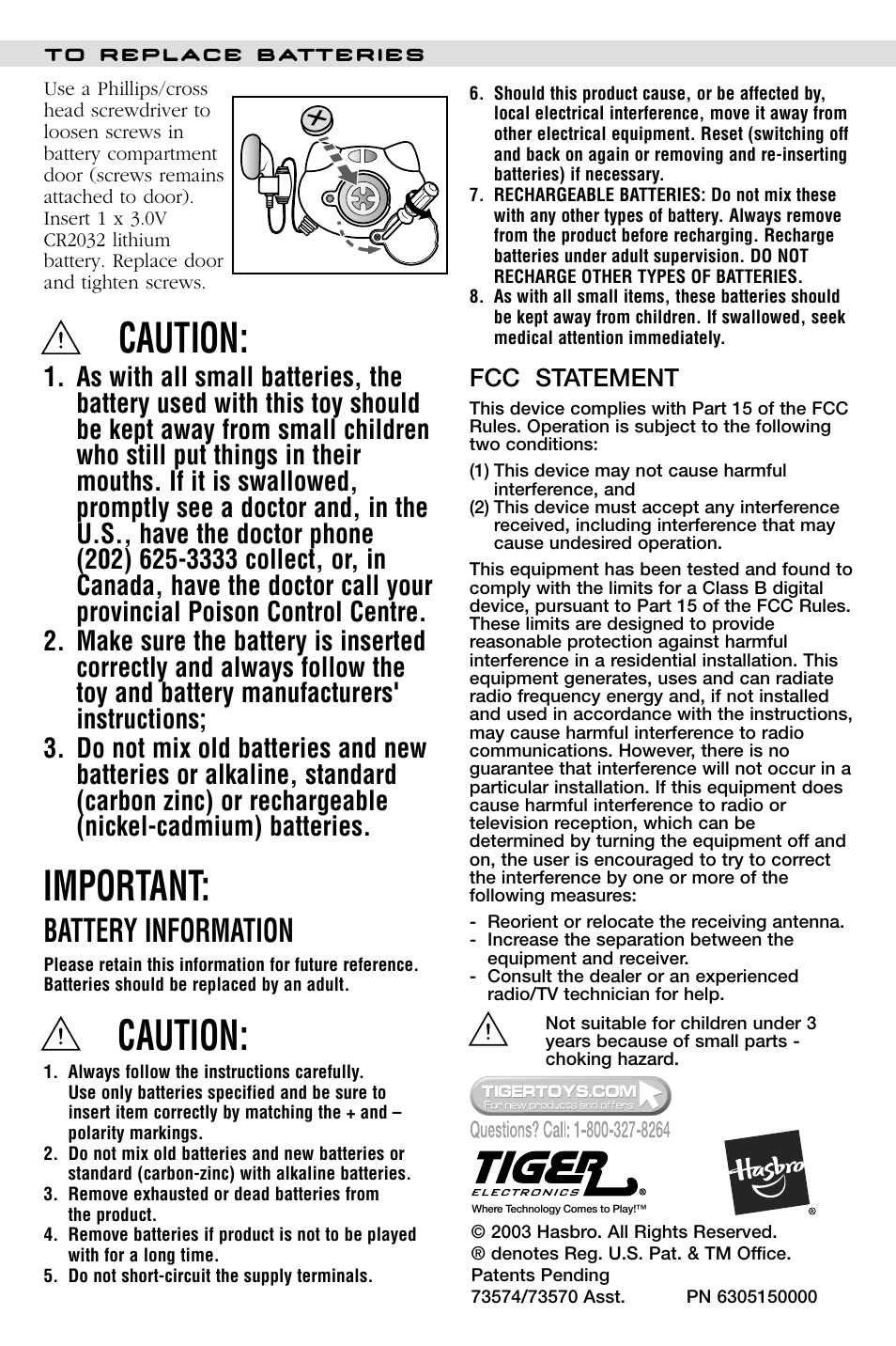 Caution, Important, Battery information | Fcc statement | Hasbro AGES 5+ User Manual | Page 2 / 2