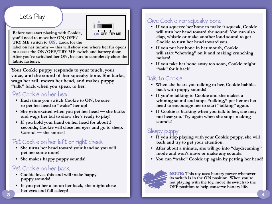 Let’s play, Give cookie her squeaky bone, Talk to cookie | Sleepy puppy, Pet cookie on her head, Pet cookie on her left or right cheek, Pet cookie on her back | Hasbro FurReal Friends PN7143-45000 User Manual | Page 3 / 4