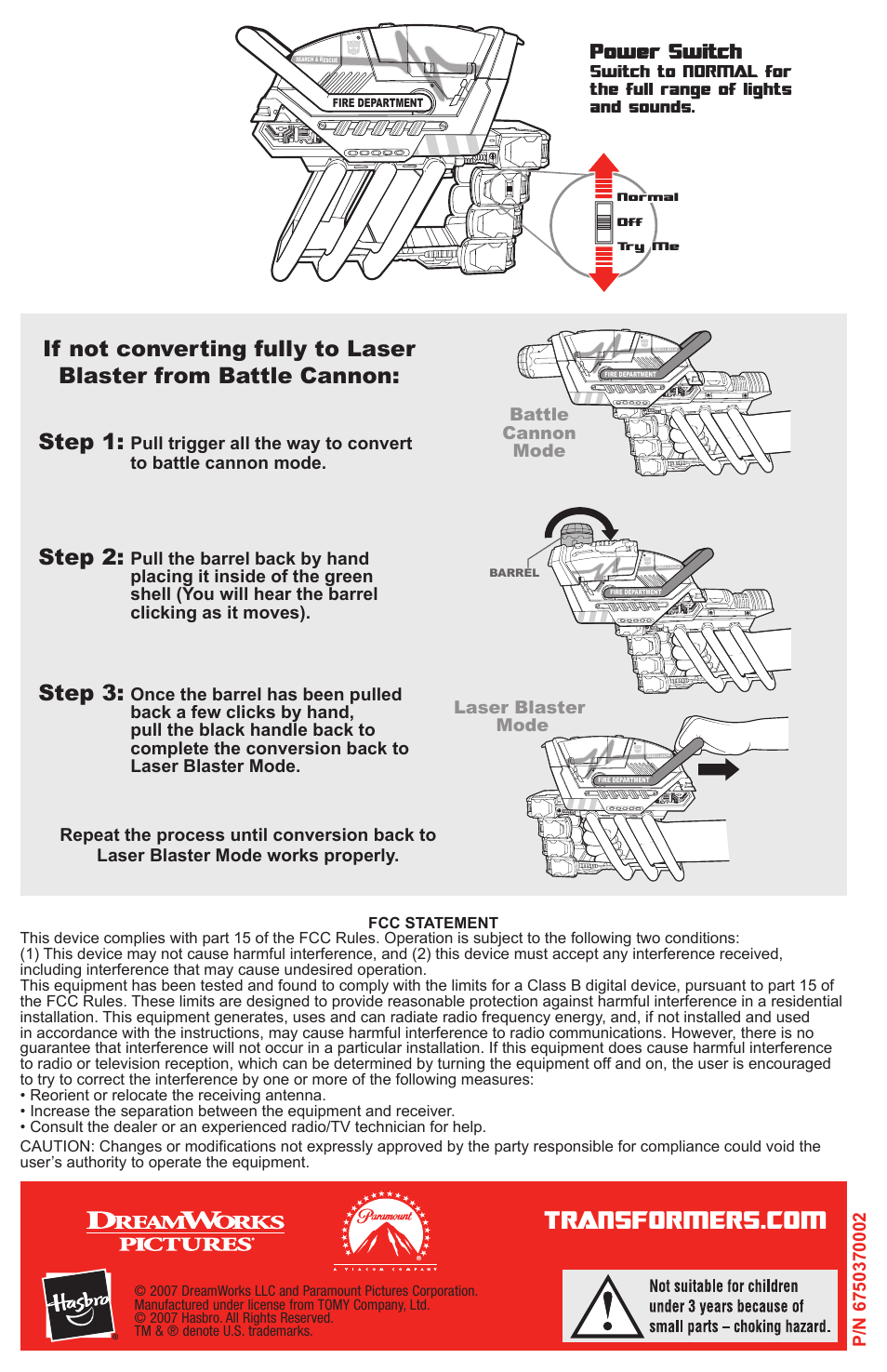 Power switch, Step 1, Step 2 | Step 3 | Hasbro Autobot Ratchet Allspark Blaster 6750370002 User Manual | Page 4 / 4