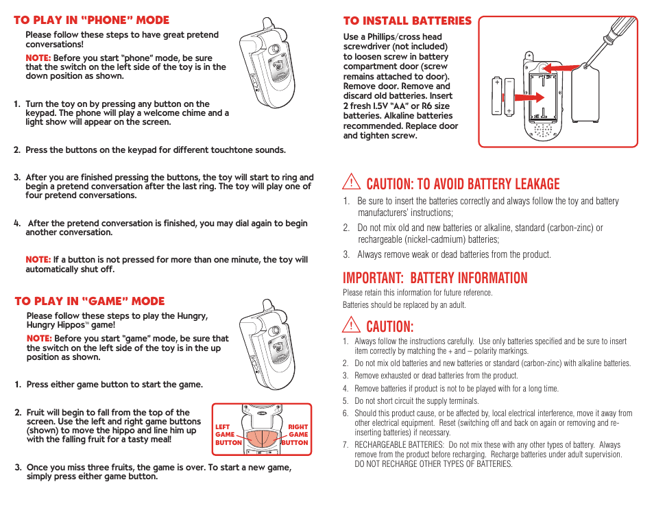 Caution: to avoid battery leakage, Important: battery information, Caution | Hasbro 08851 User Manual | Page 2 / 2